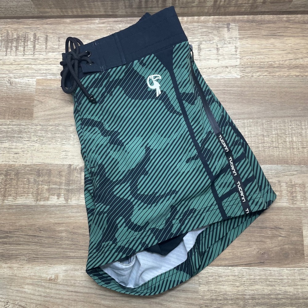 Tucann Mens Green Black Camo Board Shorts Compression Liner Small Swim Trunks